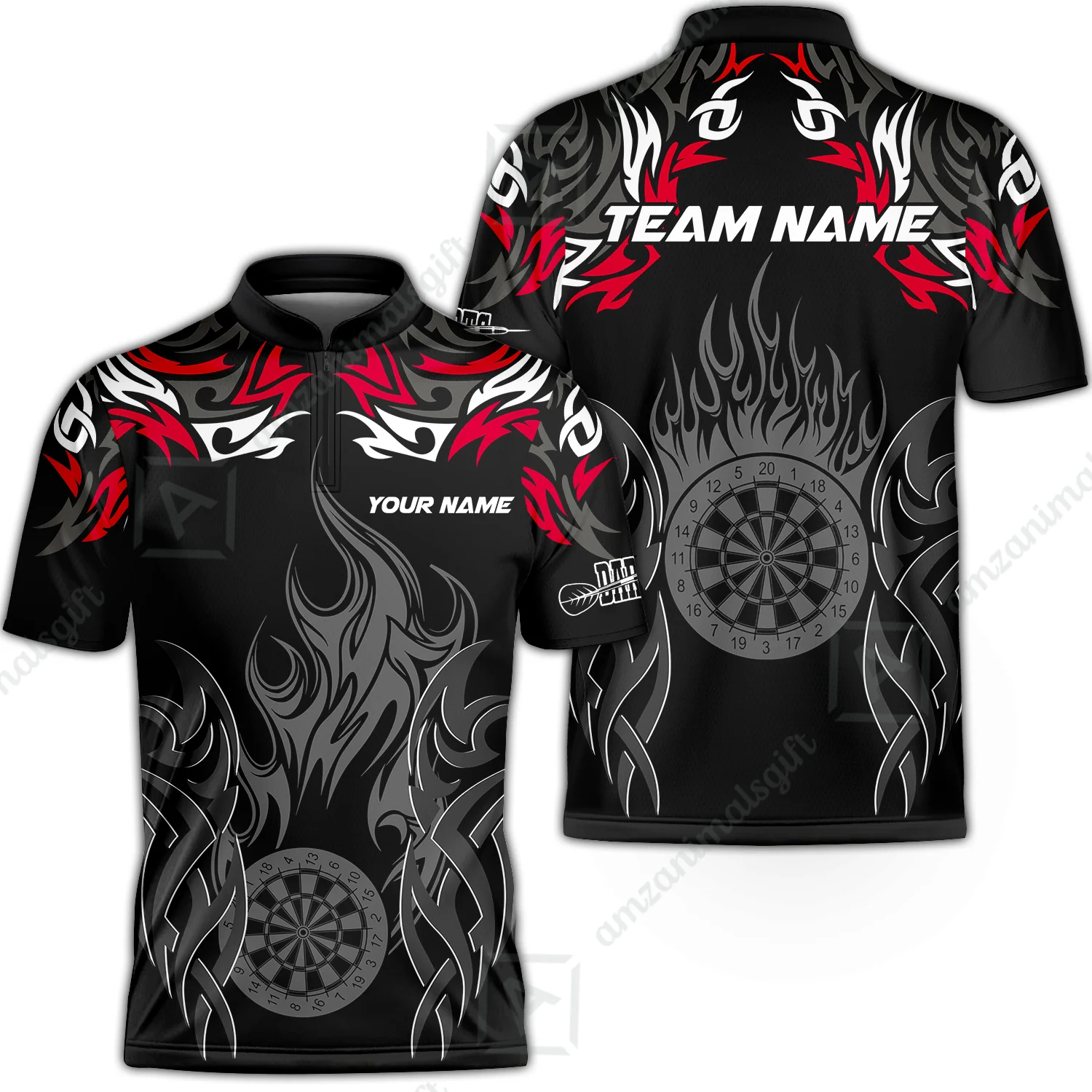 Customized Darts Stand Collar Quarter-Zip Shirt, Dartboard Fire Flame Darts Team Style Jersey for Darts Players - Image 3