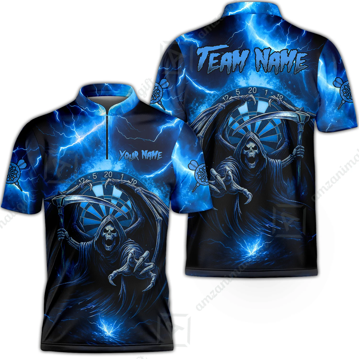 Customized Darts Stand Collar Quarter-Zip Shirt, Darts Grim Reaper Thunder Lightning Turquoise Jersey For Darts Player - Image 2