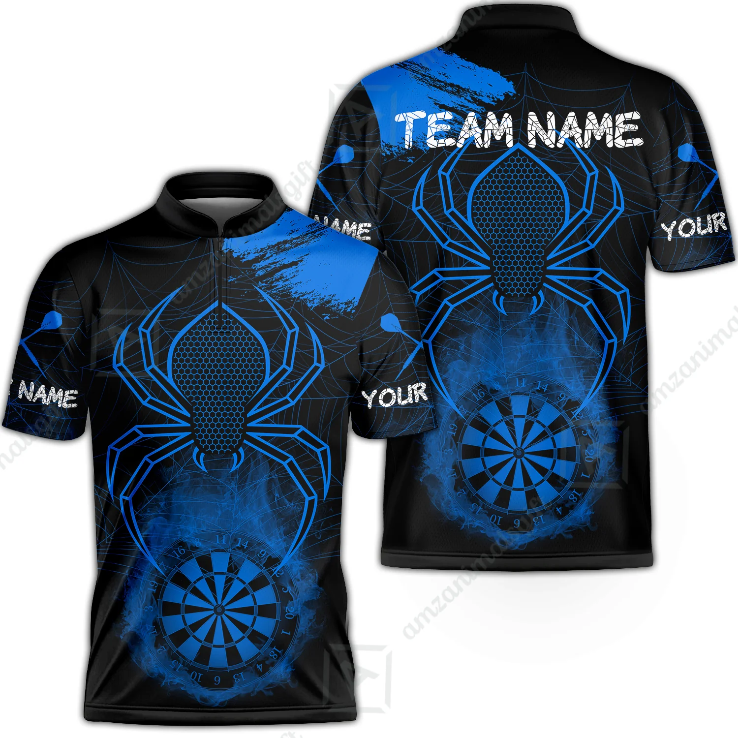Customized Darts Stand Collar Quarter-Zip Shirt, Darts Spider Men's Grunge Smoke Dartboard Jersey for Darts Players