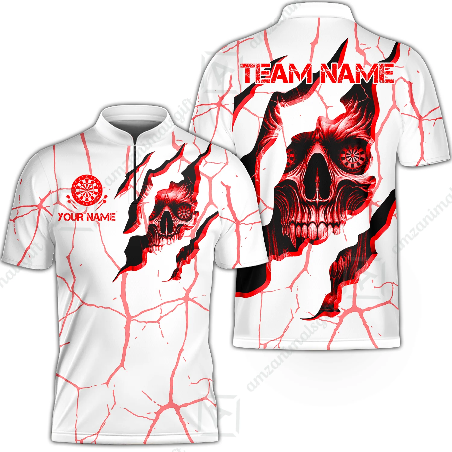 Customized Darts Stand Collar Quarter-Zip Shirt, Torn-Up Skull Dartboard Eyes Darts Team Style Jersey for Darts Players - Image 4