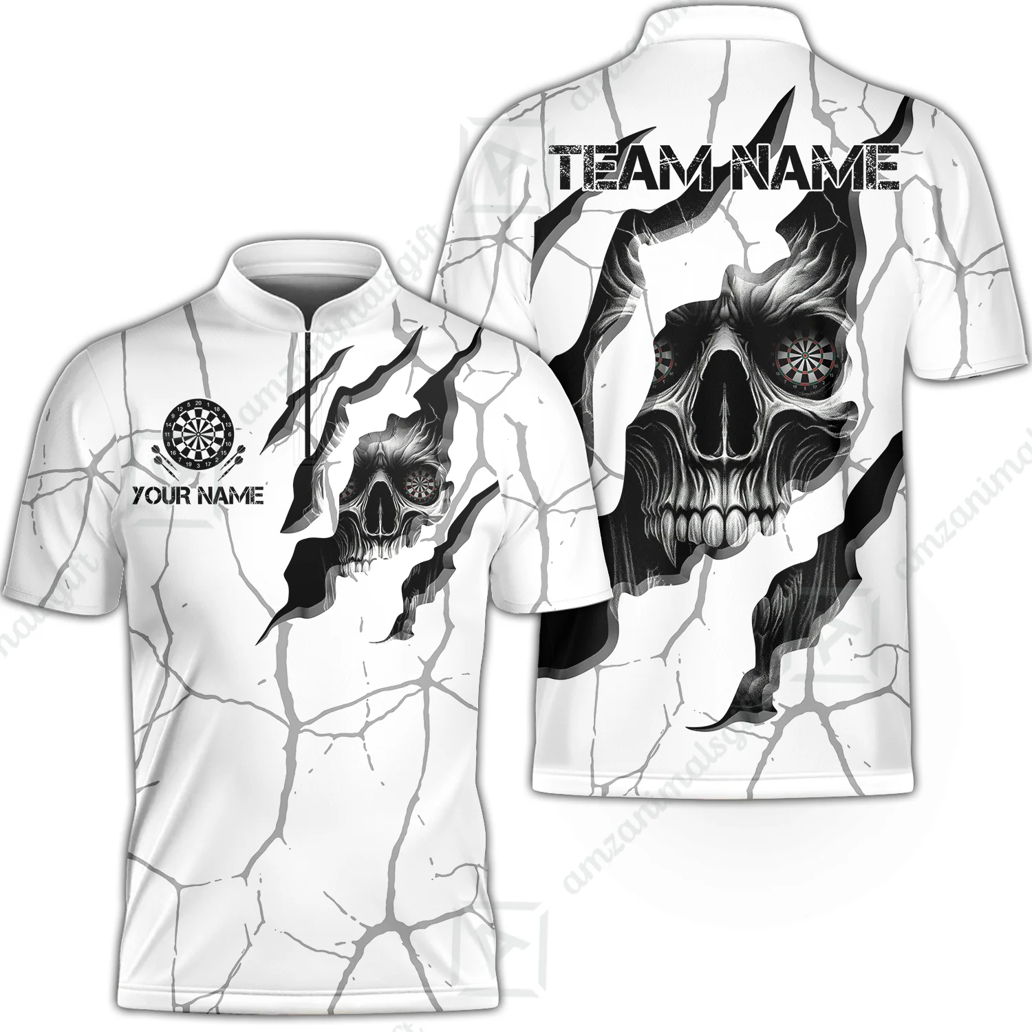 Customized Darts Stand Collar Quarter-Zip Shirt, Torn-Up Skull Dartboard Eyes Darts Team Style Jersey for Darts Players - Image 5