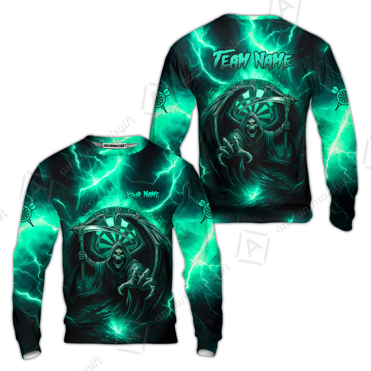 Customized Darts Sweatshirt, Darts Grim Reaper Thunder Lightning Turquoise And Blue Team Jersey For Darts Player