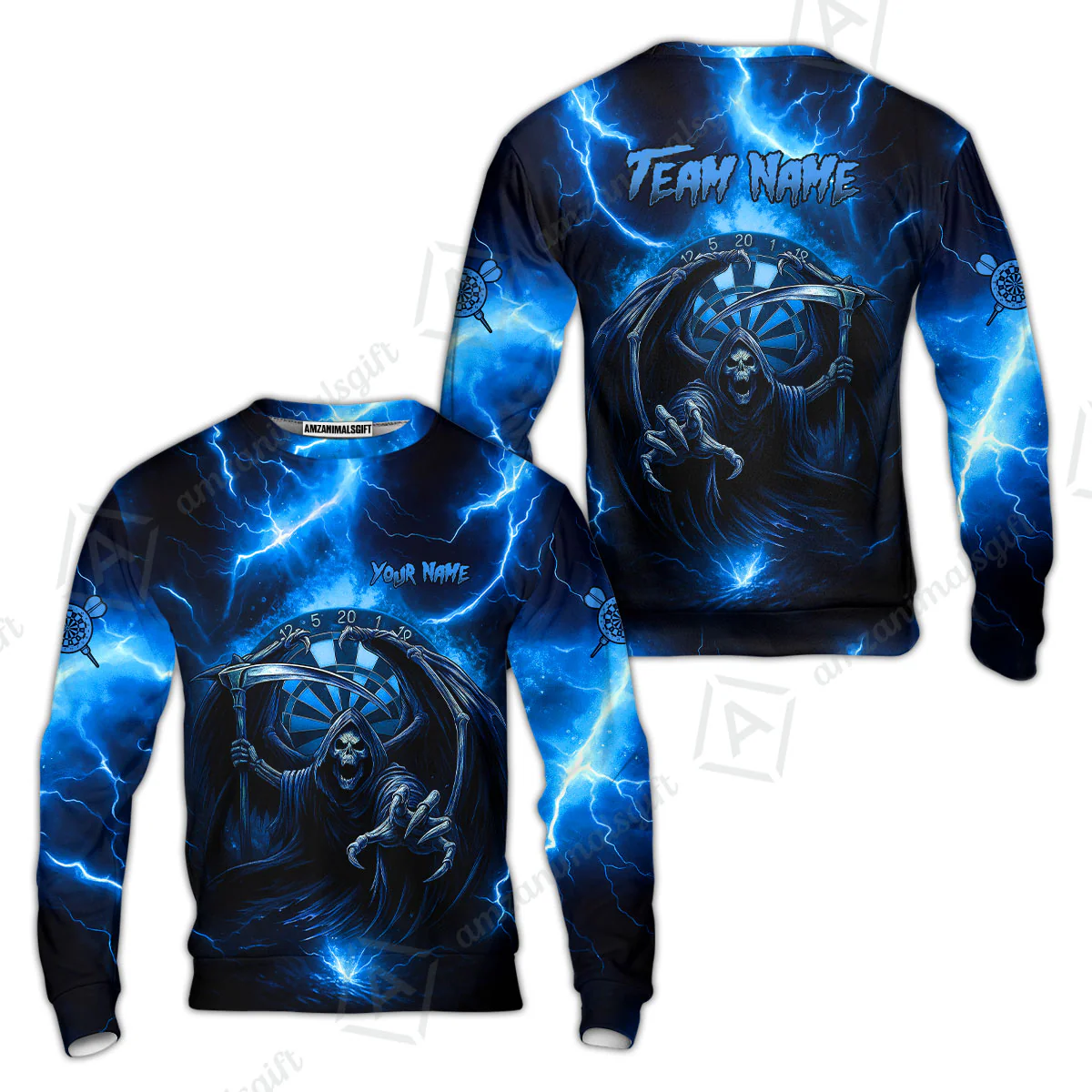 Customized Darts Sweatshirt, Darts Grim Reaper Thunder Lightning Turquoise And Blue Team Jersey For Darts Player - Image 2