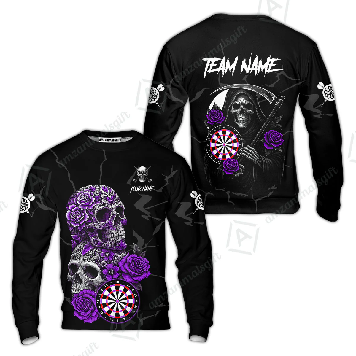 Customized Darts Sweatshirt, Darts Turquoise Skull Roses Dartboard Sweatshirt Style Jersey for Darts Players - Image 2