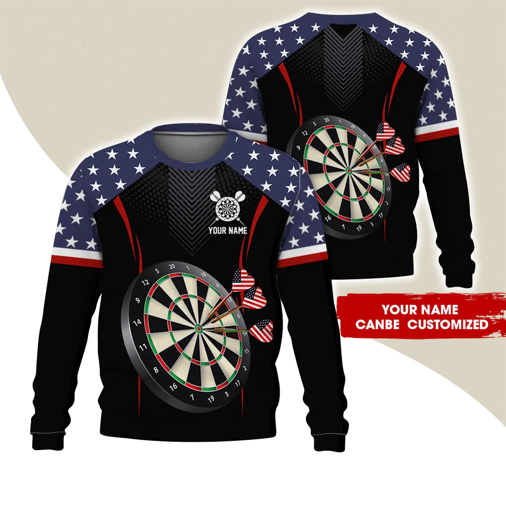 Customized Darts Sweatshirt, Dartsboards & American Flag Sweatshirt Black For Darts Player, Perfect Gift For Darts Lovers, Friend, Family