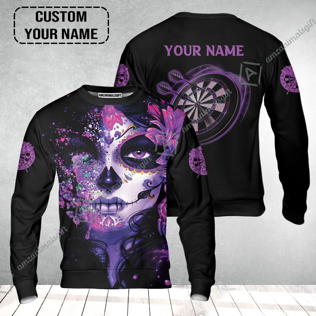 Customized Darts Sweatshirt, Skull Girl Butterfly Personalized Sugar Skull And Darts Sweatshirt - Image 2