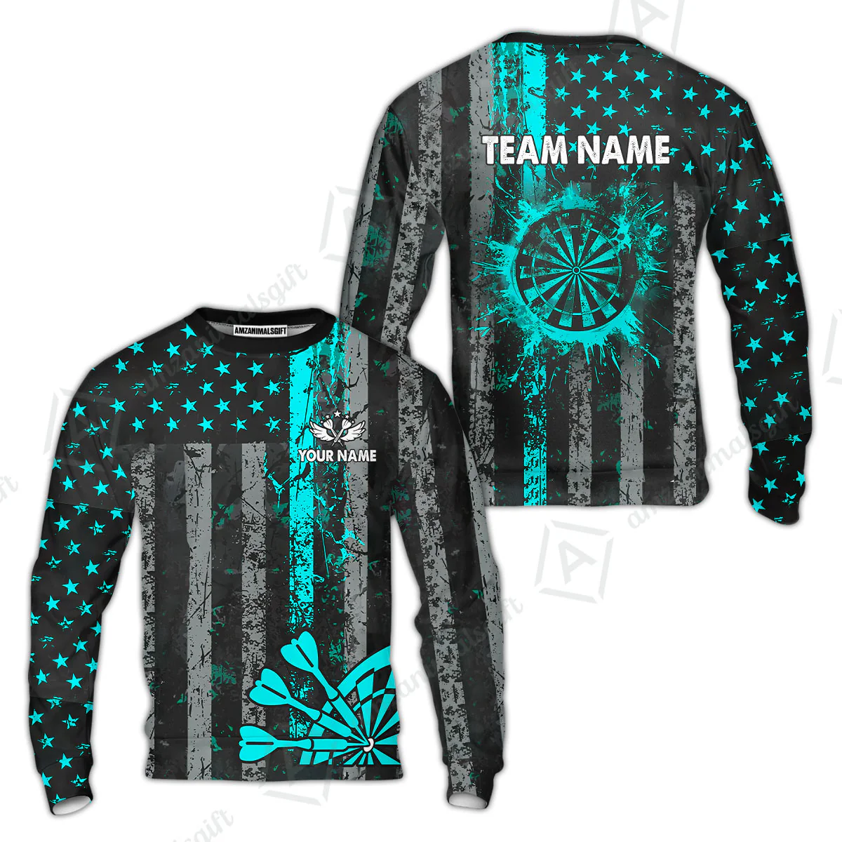Customized Darts Sweatshirt, Turquoise Grunge US Flag Patriotic Darts Sweatshirt Jersey for Darts Players - Image 6