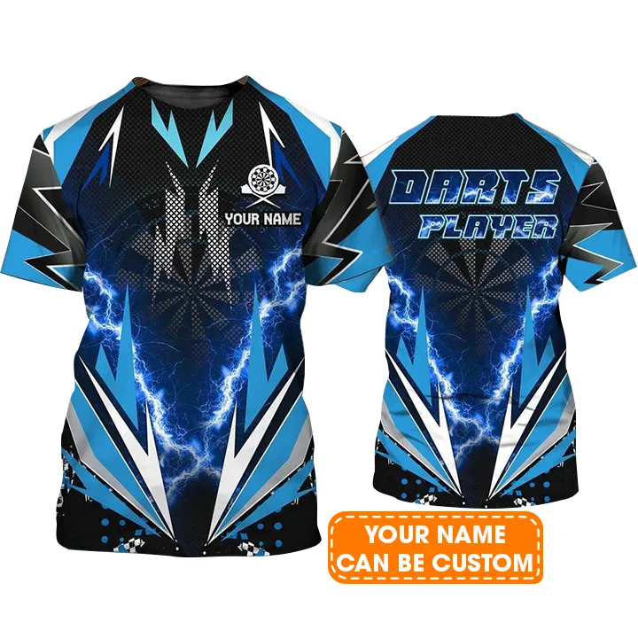 Customized Darts T Shirt, Blue Darts Player Thunder Lightning, Personalized Name T Shirt For Men - Perfect Gift For Darts Lovers, Darts Players - Image 2