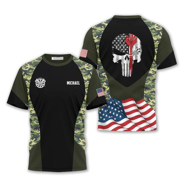 Customized Darts T Shirt, Camouflage Skull Waving Flag, Personalized Name T Shirt For Men - Perfect Gift For Darts Lovers, Darts Players - Image 2