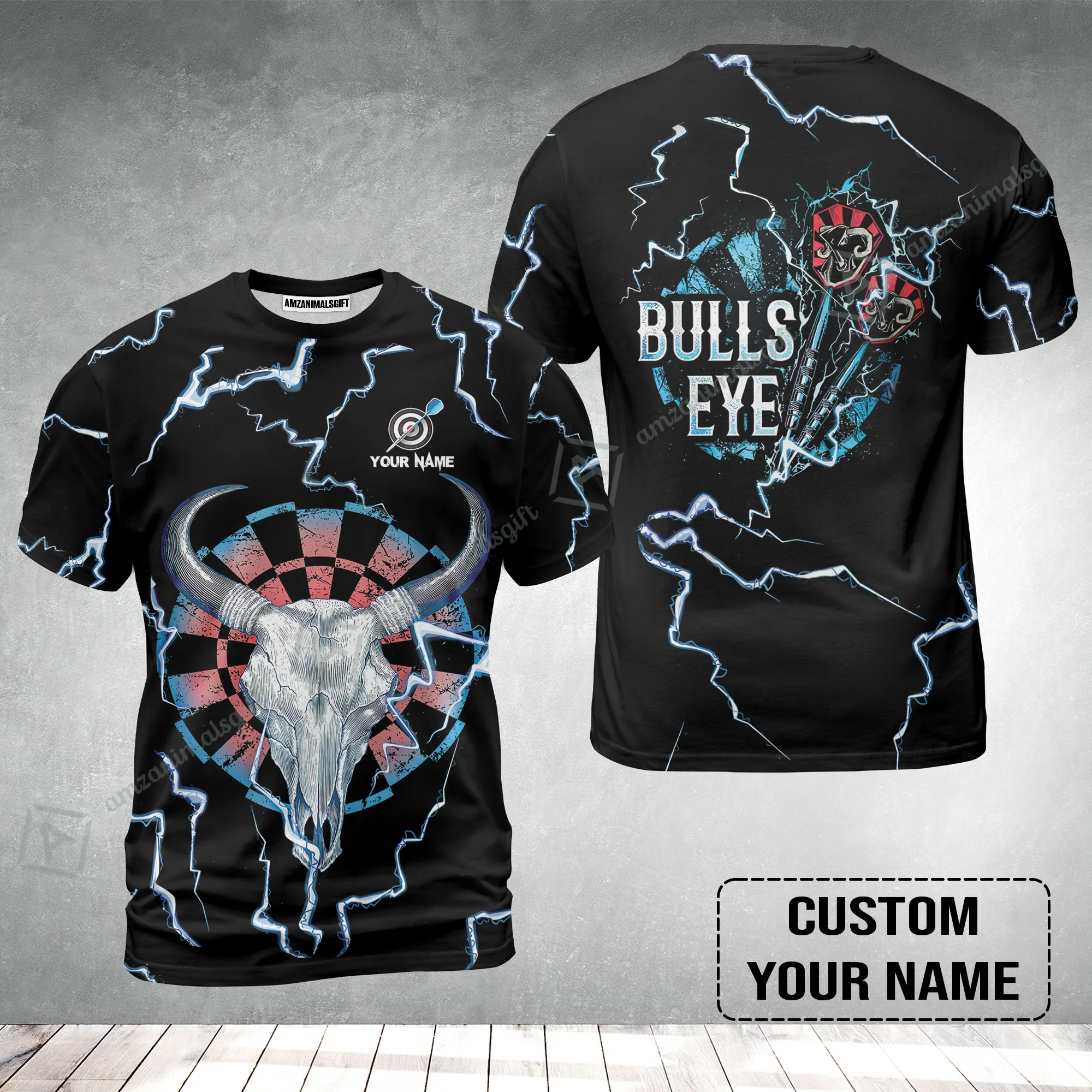 Customized Darts T-Shirt, Darts Bullseye Thunder Skull, Personalized Name T-Shirt - Image 2