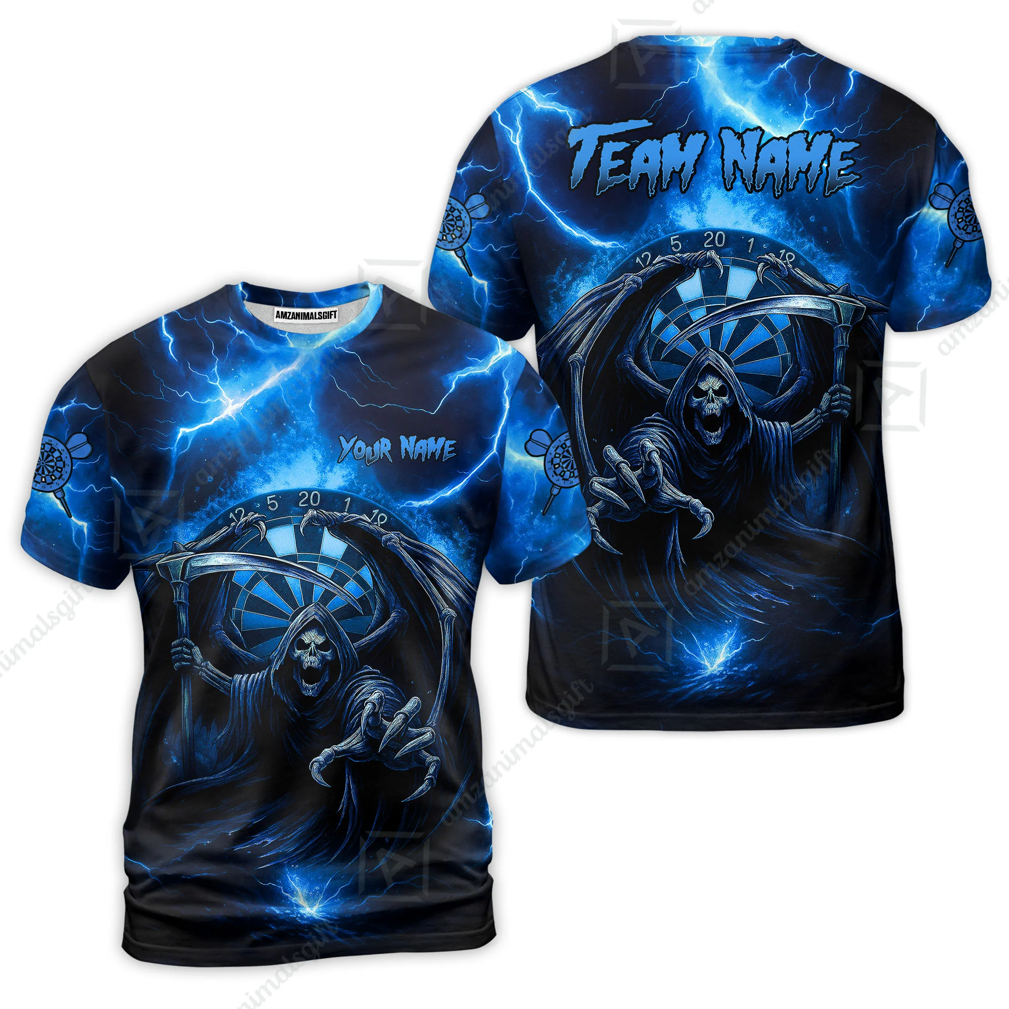 Customized Darts T-Shirt, Darts Grim Reaper Thunder Lightning Turquoise And Blue Team T-Shirt Jersey For Darts Player - Image 2