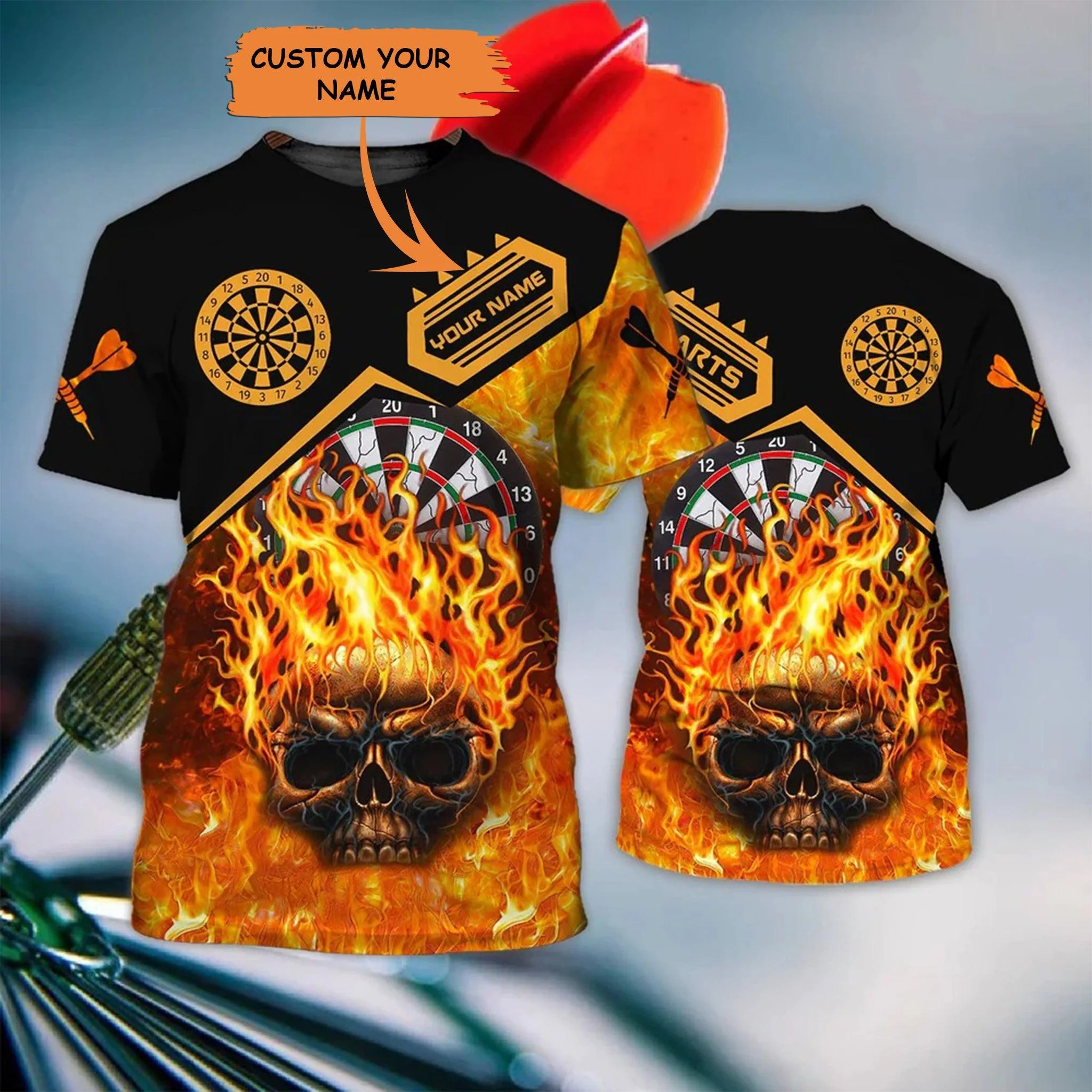 Customized Darts T Shirt, Darts Skull Flame, Personalized Name Darts T Shirt For Men - Perfect Gift For Darts Lovers, Darts Players