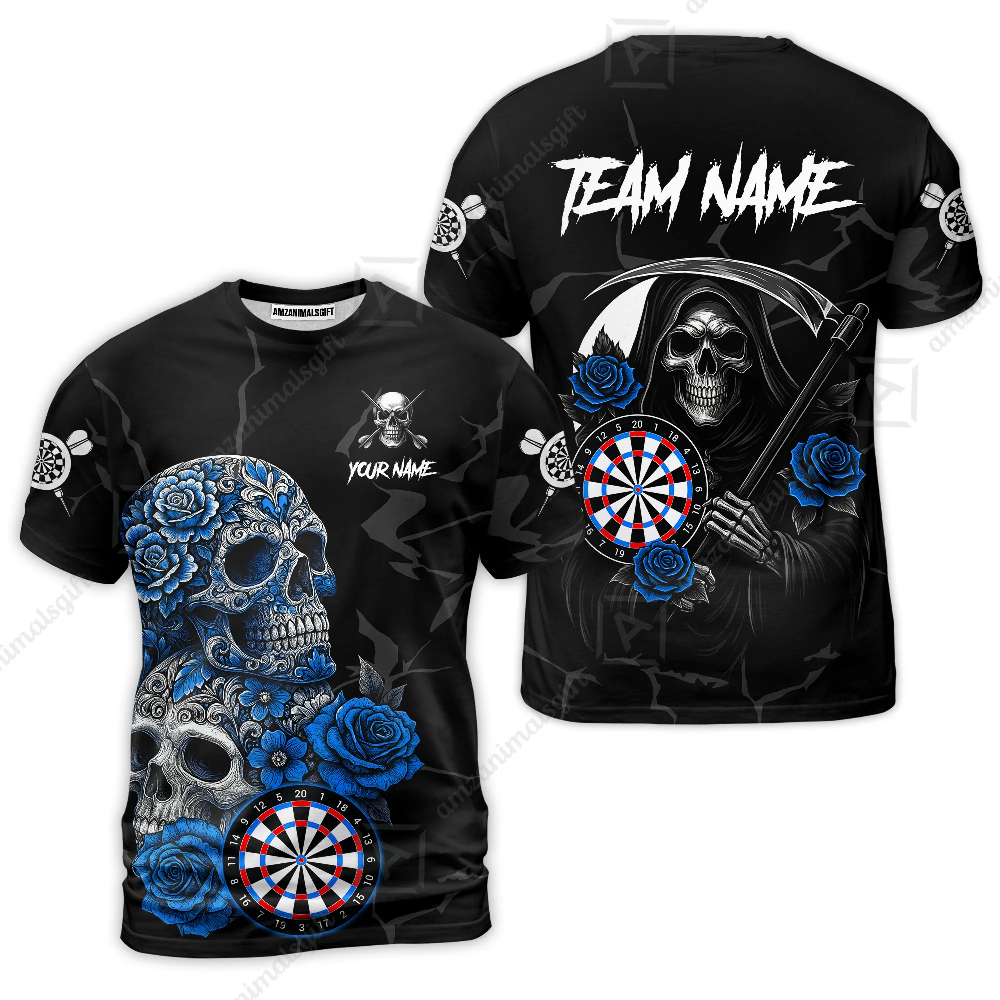 Customized Darts T-Shirt, Darts Turquoise Skull Roses Dartboard T-Shirt Team Style Jersey for Darts Players - Image 2