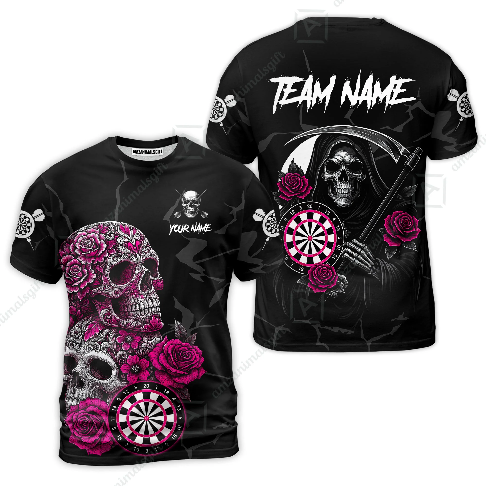 Customized Darts T-Shirt, Darts Turquoise Skull Roses Dartboard T-Shirt Team Style Jersey for Darts Players - Image 3