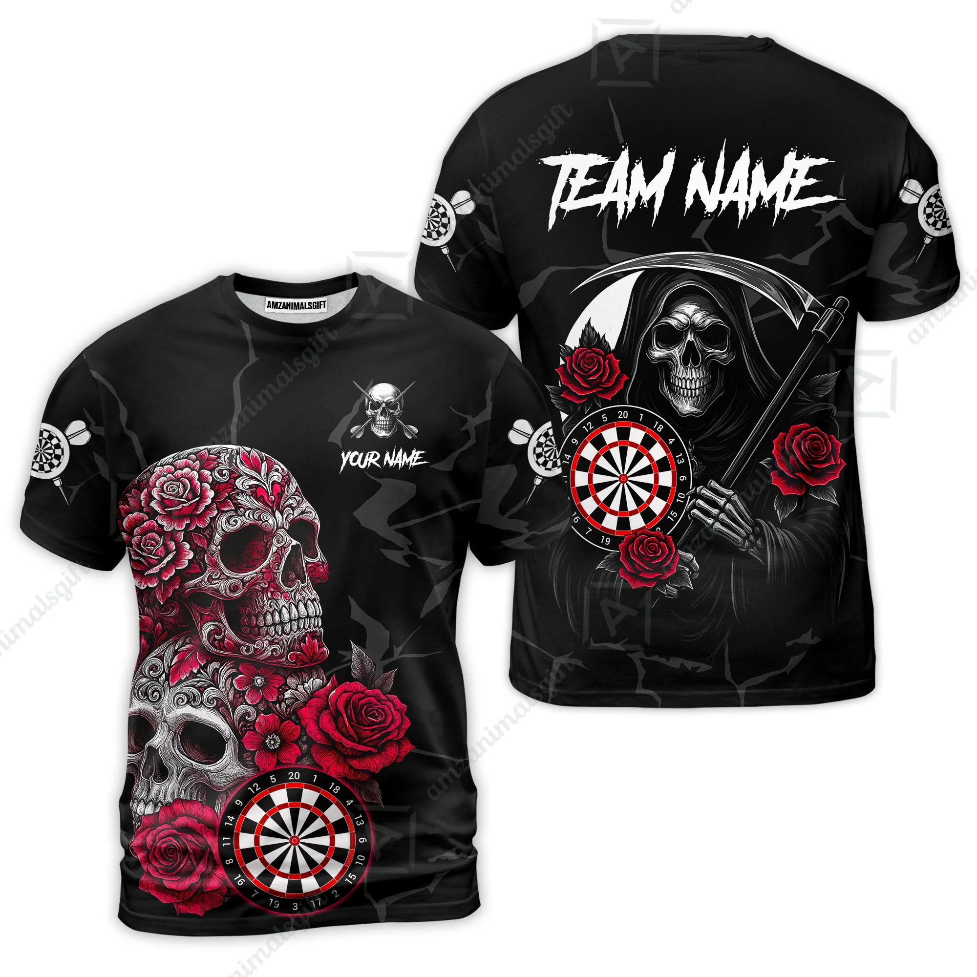 Customized Darts T-Shirt, Darts Turquoise Skull Roses Dartboard T-Shirt Team Style Jersey for Darts Players - Image 4