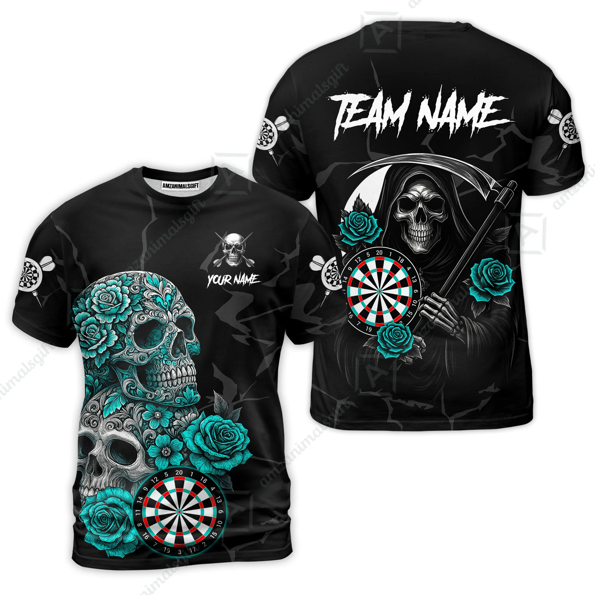 Customized Darts T-Shirt, Darts Turquoise Skull Roses Dartboard T-Shirt Team Style Jersey for Darts Players - Image 5
