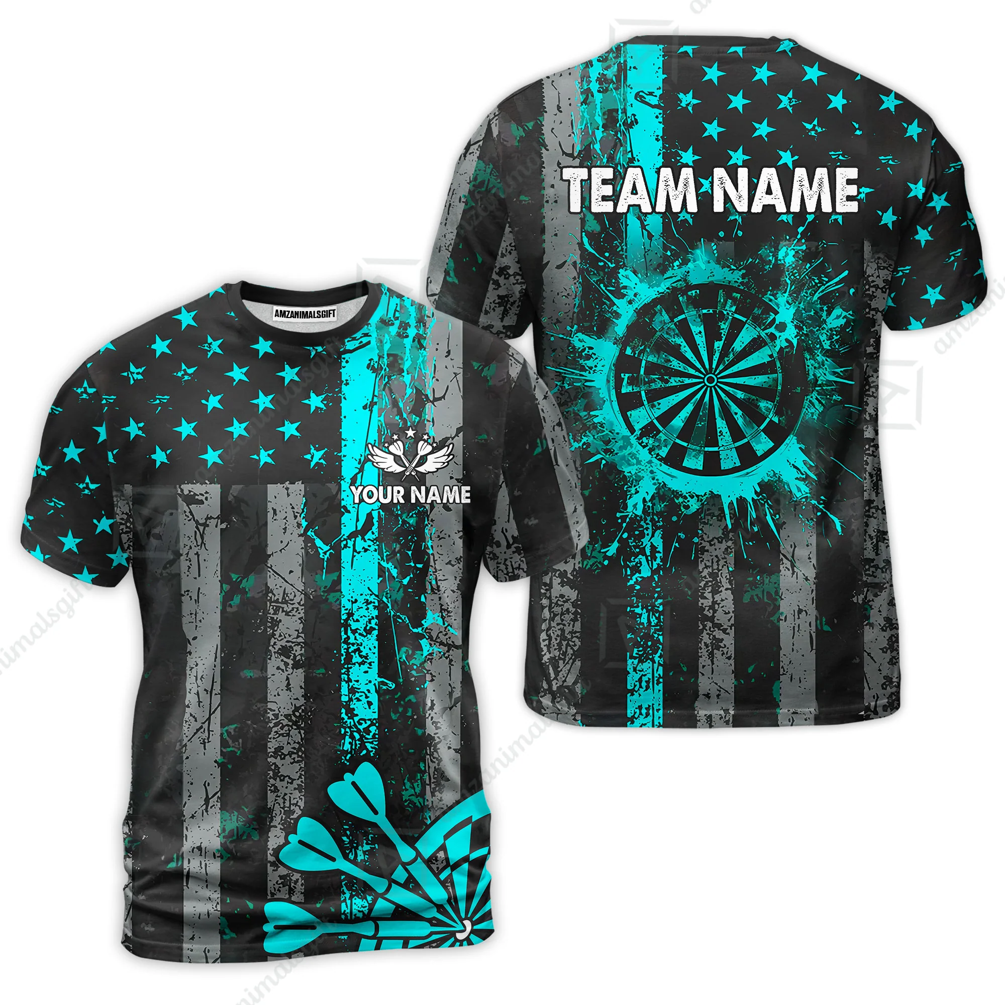 Customized Darts T-Shirt, Turquoise Grunge US Flag Patriotic Darts T-Shirt Team Style Jersey for Darts Players - Image 3