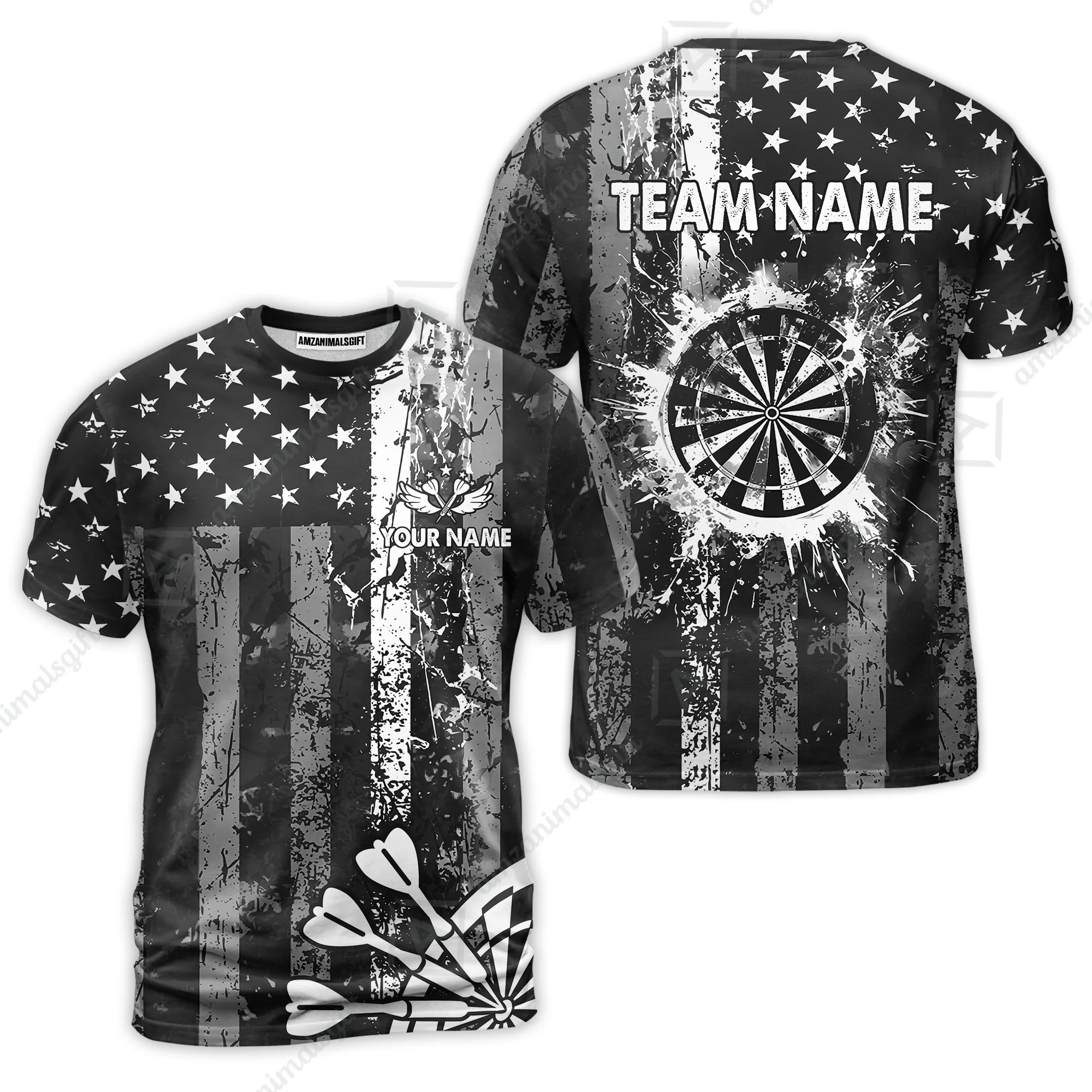 Customized Darts T-Shirt, Turquoise Grunge US Flag Patriotic Darts T-Shirt Team Style Jersey for Darts Players - Image 4
