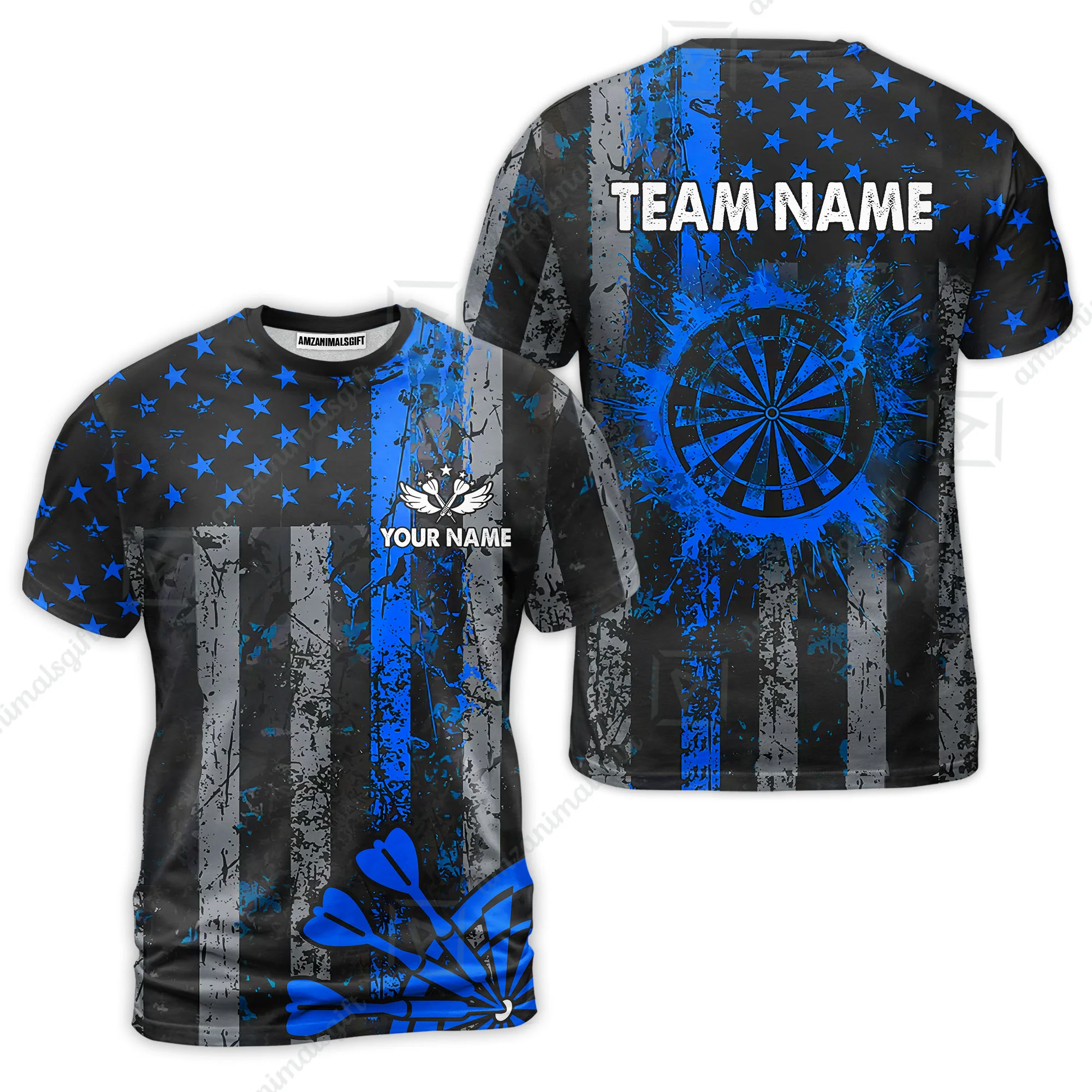 Customized Darts T-Shirt, Turquoise Grunge US Flag Patriotic Darts T-Shirt Team Style Jersey for Darts Players - Image 5