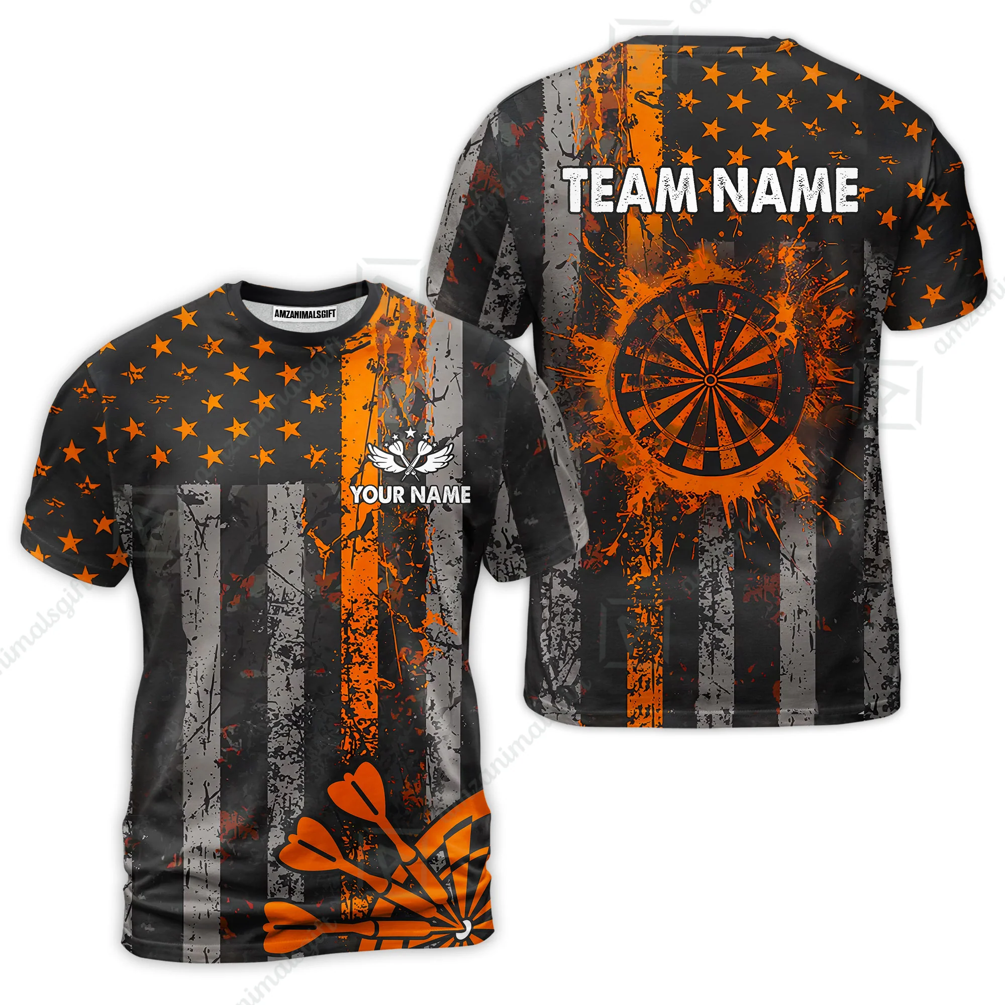 Customized Darts T-Shirt, Turquoise Grunge US Flag Patriotic Darts T-Shirt Team Style Jersey for Darts Players - Image 6