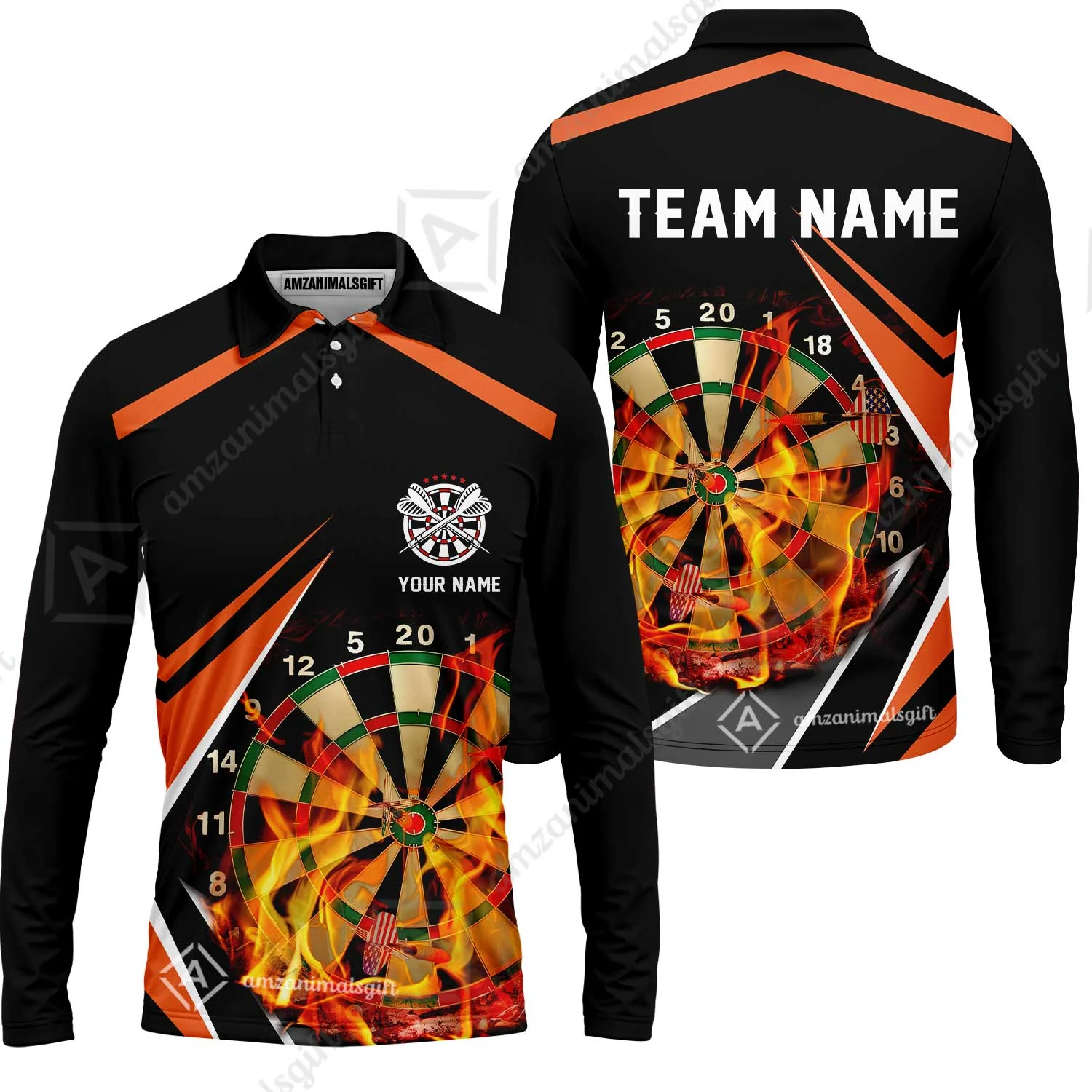Customized Darts Team Long Sleeve Polo Shirt, Dartboard In Flame Shirt Personalized Name And Team Name For Darts League, Darts Team - Image 2