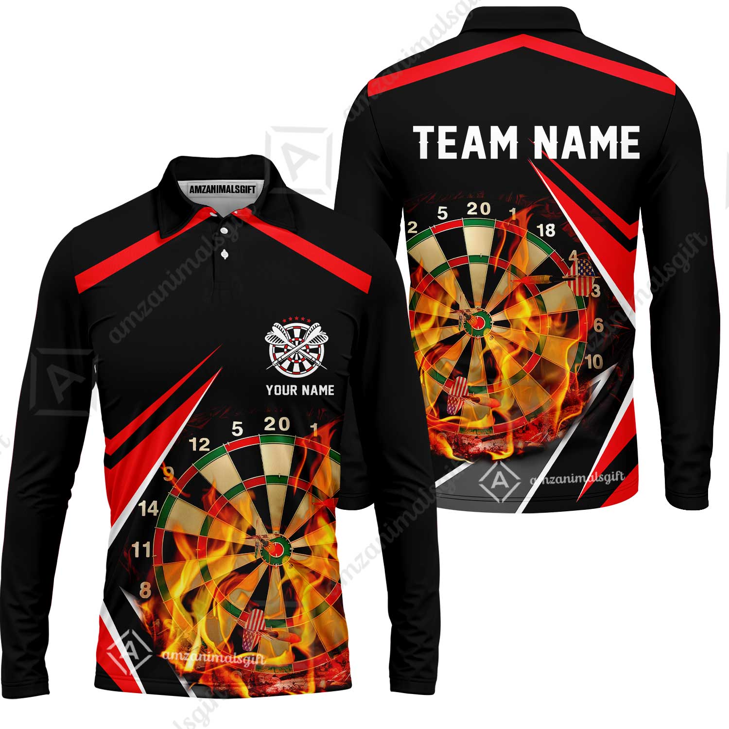Customized Darts Team Long Sleeve Polo Shirt, Dartboard In Flame Shirt Personalized Name And Team Name For Darts League, Darts Team - Image 4