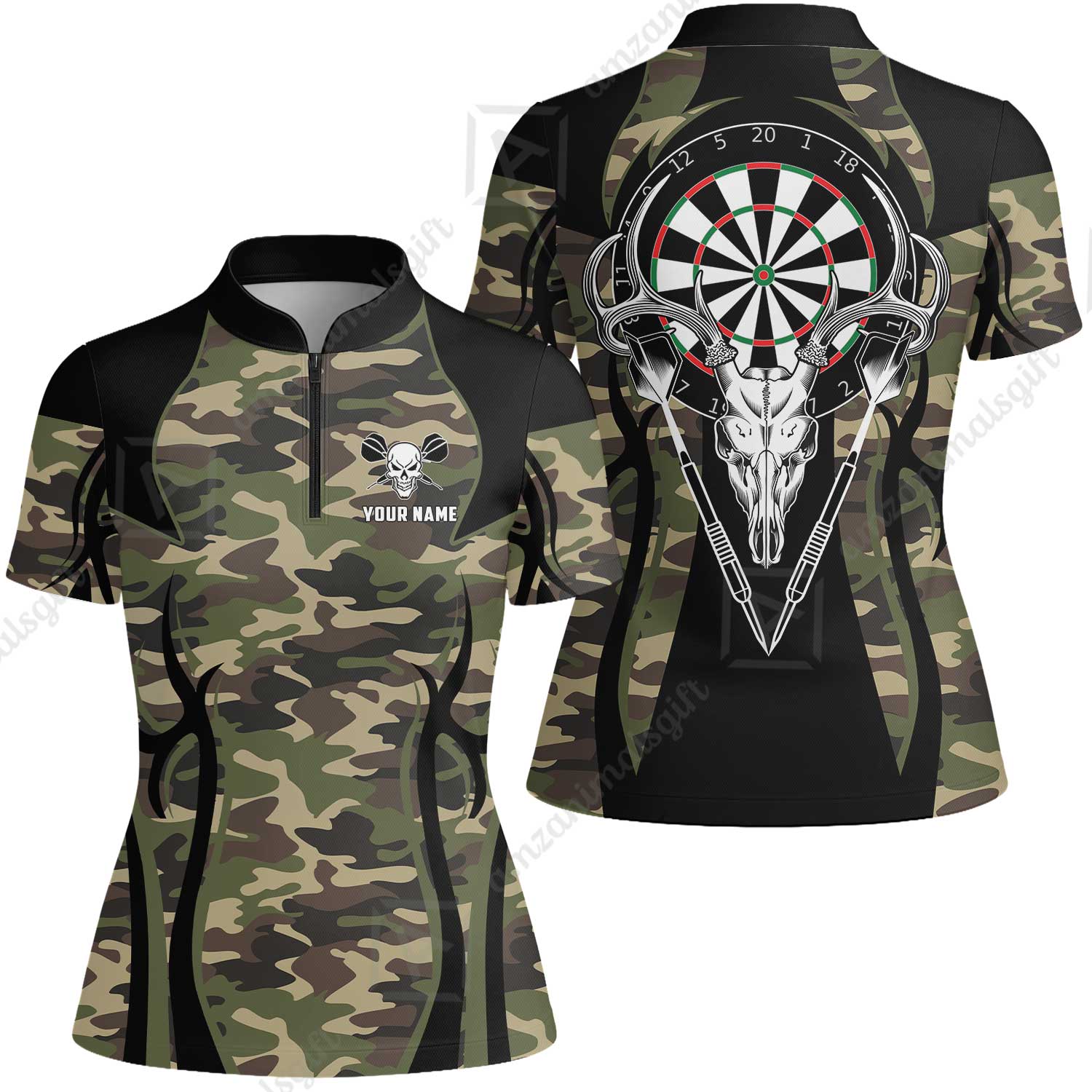Customized Darts Team Women Jersey Shirt, Camo Skull Deer Dartboard Personalized Name Team Name Polo Shirt For Darts League