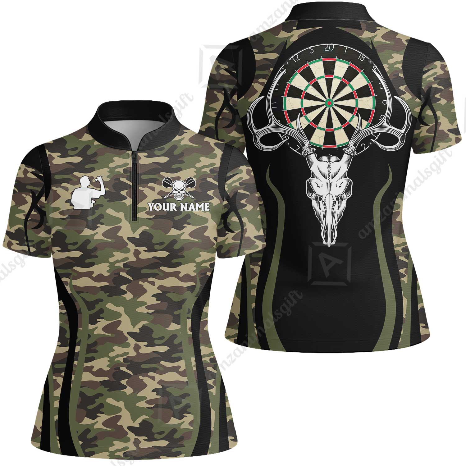 Customized Darts Team Women Jersey Shirt, Camo Skull Deer Dartboard Personalized Name Team Name Polo Shirt For Darts League - Image 2