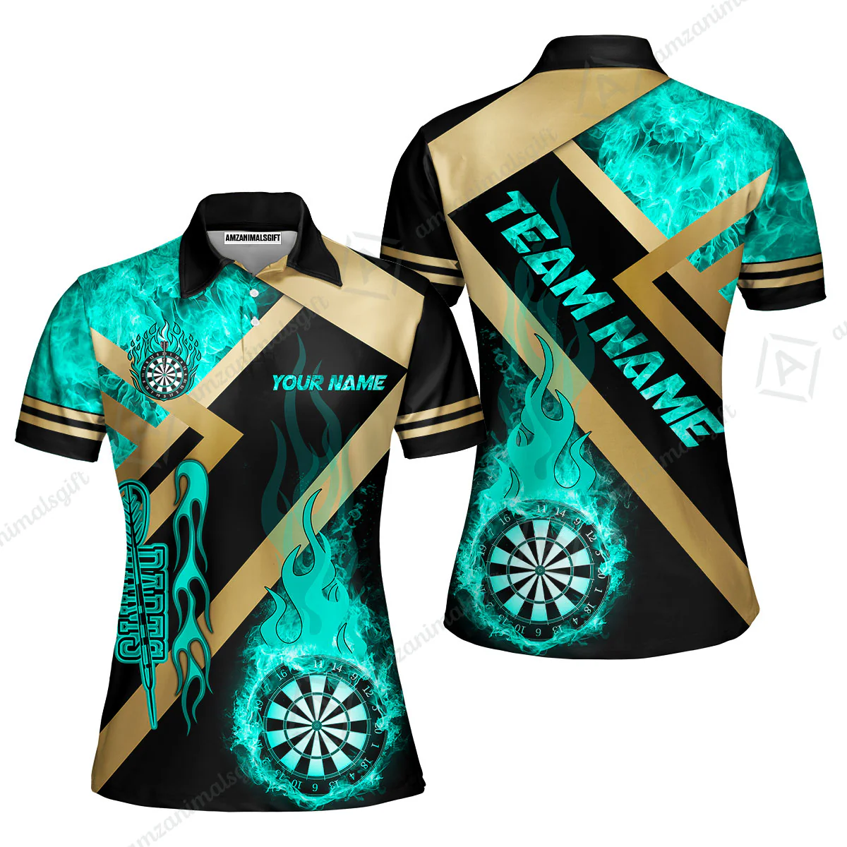 Customized Darts Women Polo Shirt, Darts Dartboard Fire Flame Multicolor Team Women Polo Shirt Jersey For Darts Players - Image 3