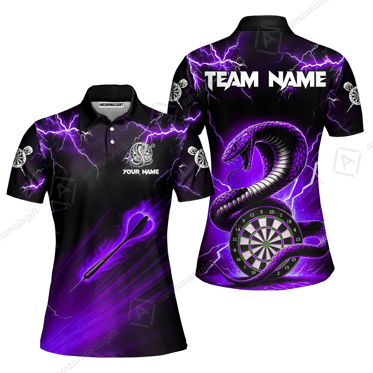 Customized Darts Women Polo Shirt, Darts Thunder Lightning Cobra Snake Multicolor Women Polo Jersey For Darts Player - Image 4