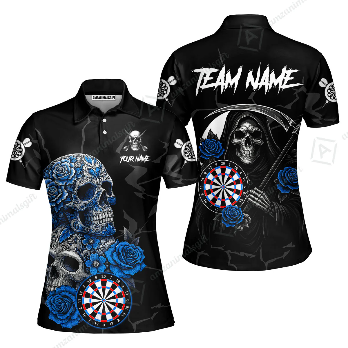 Customized Darts Women Polo Shirt, Darts Turquoise Skull Roses Dartboard Women Polo Shirt Style Jersey for Darts Players - Image 2