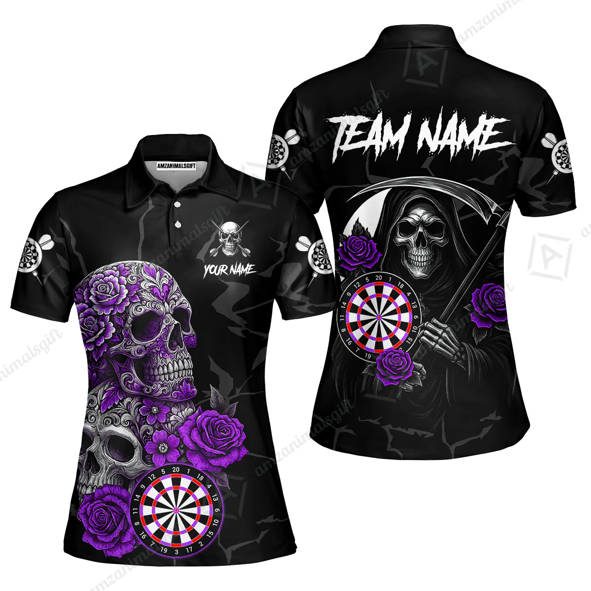 Customized Darts Women Polo Shirt, Darts Turquoise Skull Roses Dartboard Women Polo Shirt Style Jersey for Darts Players - Image 4