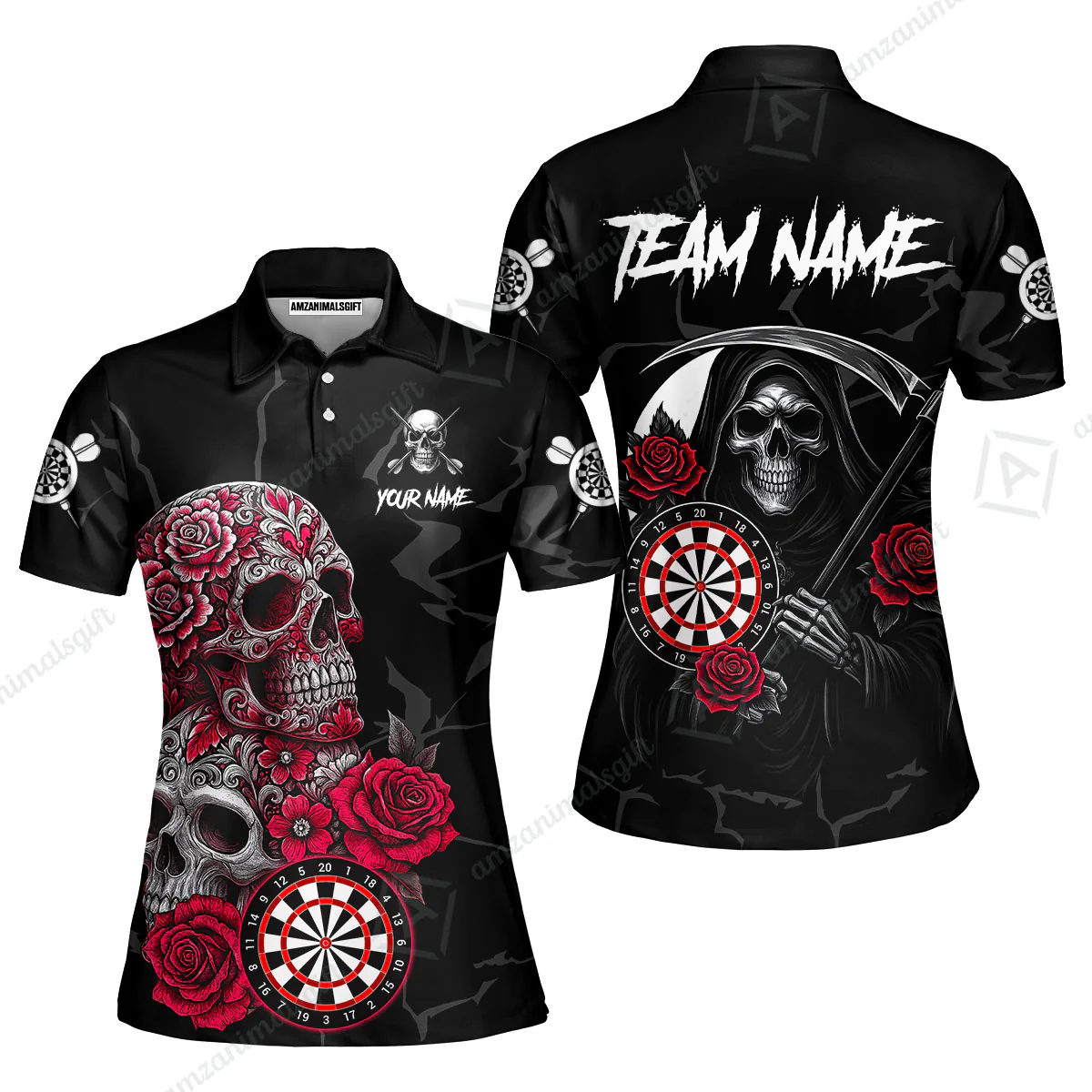Customized Darts Women Polo Shirt, Darts Turquoise Skull Roses Dartboard Women Polo Shirt Style Jersey for Darts Players - Image 5
