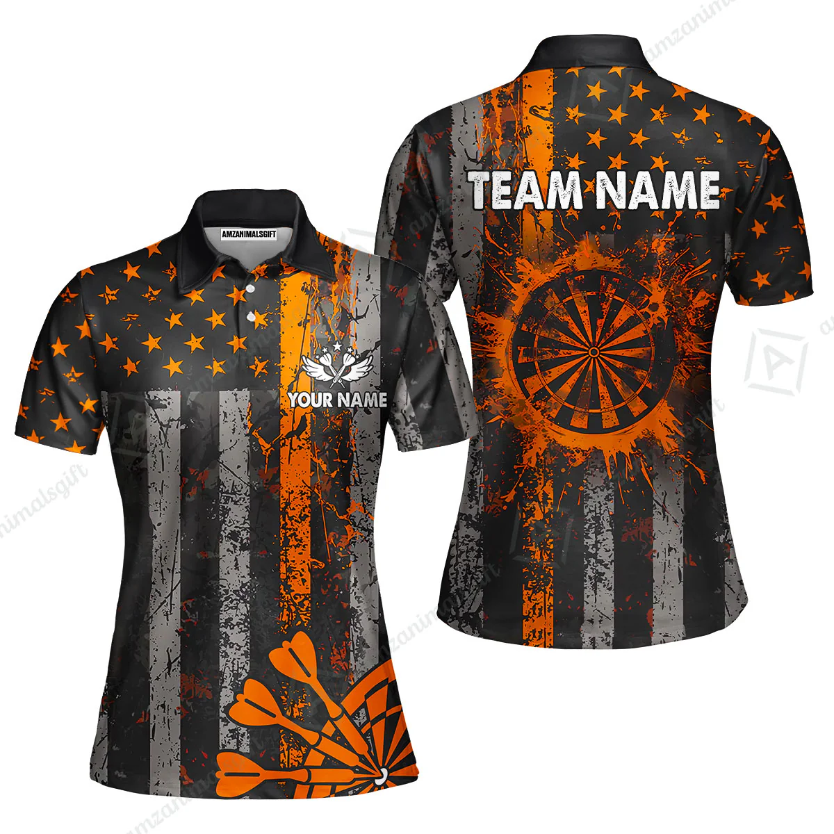 Customized Darts Women Polo Shirt, Turquoise Grunge US Flag Patriotic Darts Women Polo Shirt Jersey for Darts Players - Image 3