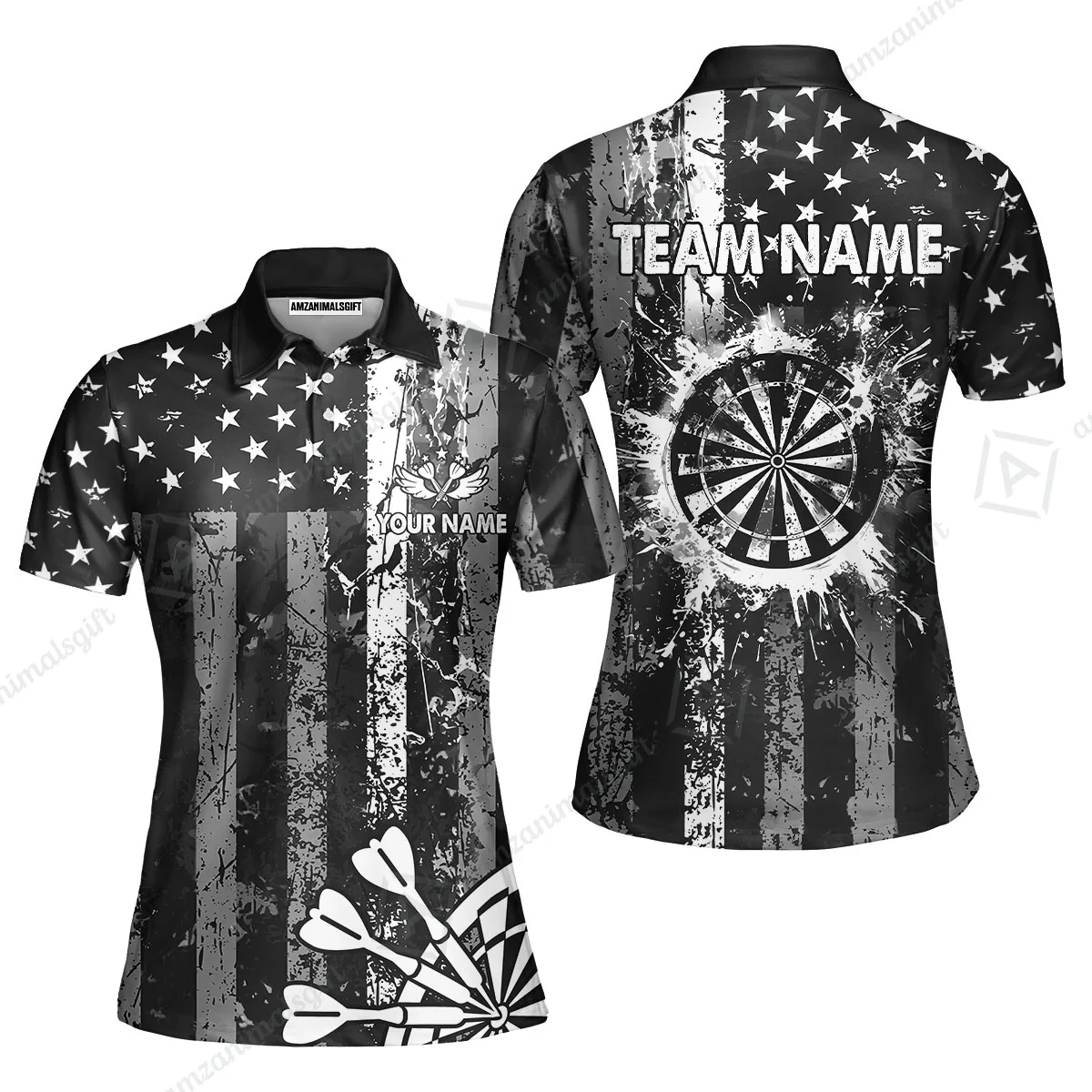 Customized Darts Women Polo Shirt, Turquoise Grunge US Flag Patriotic Darts Women Polo Shirt Jersey for Darts Players - Image 6