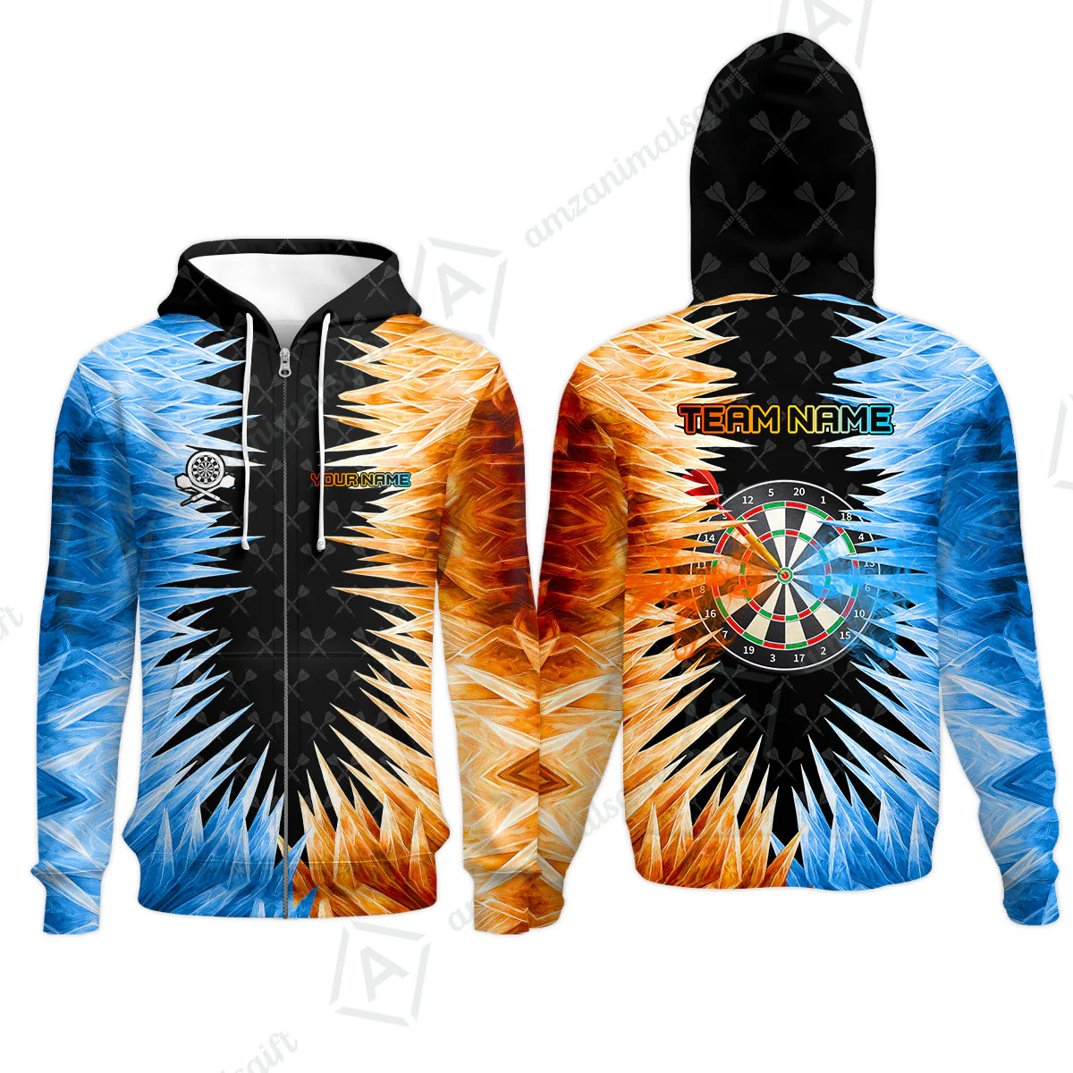 Customized Darts Zip Hoodie, Darts Dartboard Ice And Fire Multicolor Zip Hoodie Jersey For Darts Players - Image 4