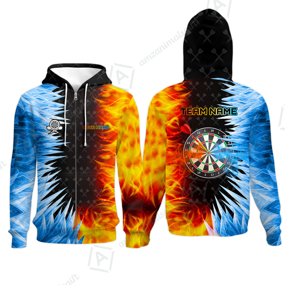 Customized Darts Zip Hoodie, Darts Dartboard Ice And Fire Multicolor Zip Hoodie Jersey For Darts Players - Image 6