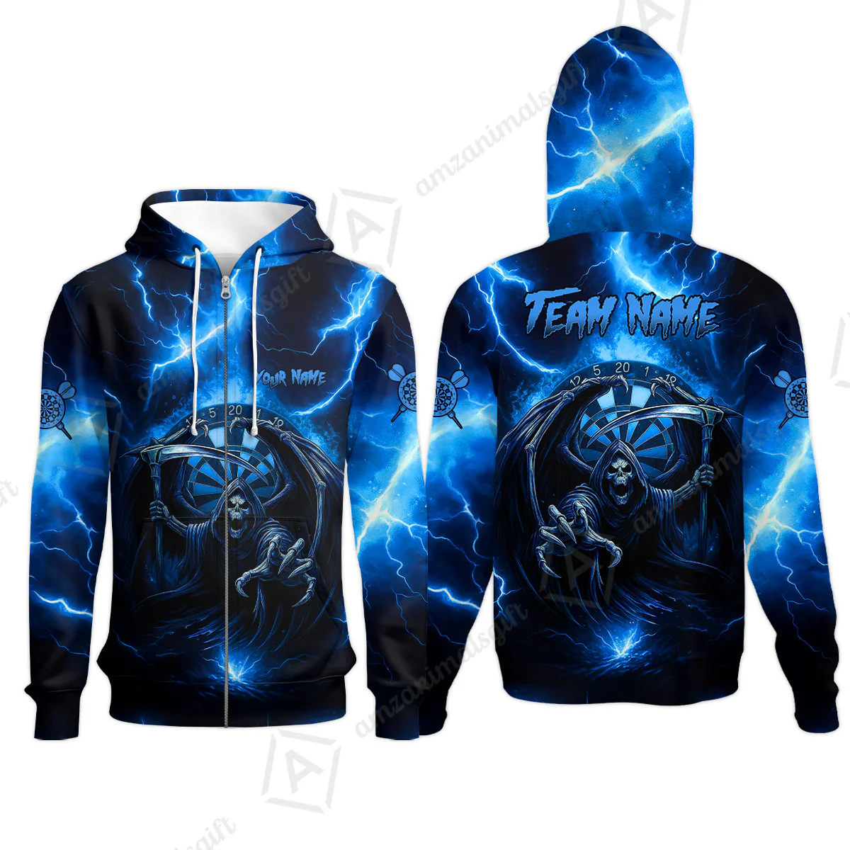 Customized Darts Zip Hoodie, Darts Grim Reaper Thunder Lightning Turquoise And Blue Team Jersey For Darts Player - Image 2