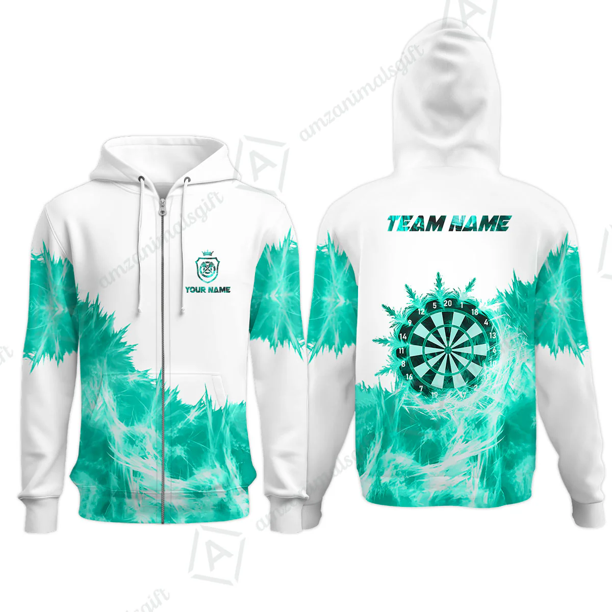 Customized Darts Zip Hoodie, Darts Icy Light White And Multi Color Team Zip Hoodie Jersey For Darts Player - Image 2