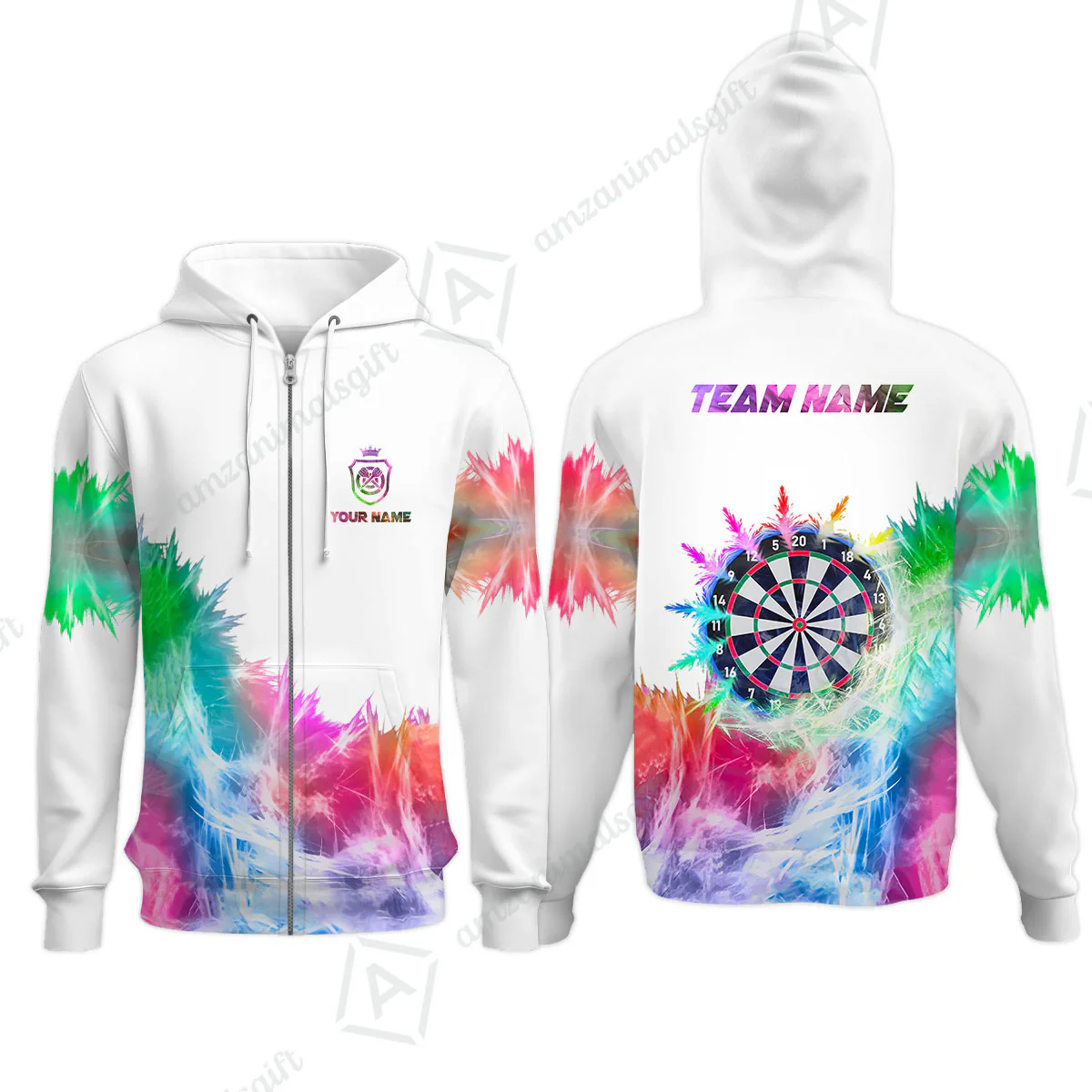 Customized Darts Zip Hoodie, Darts Icy Light White And Multi Color Team Zip Hoodie Jersey For Darts Player - Image 3