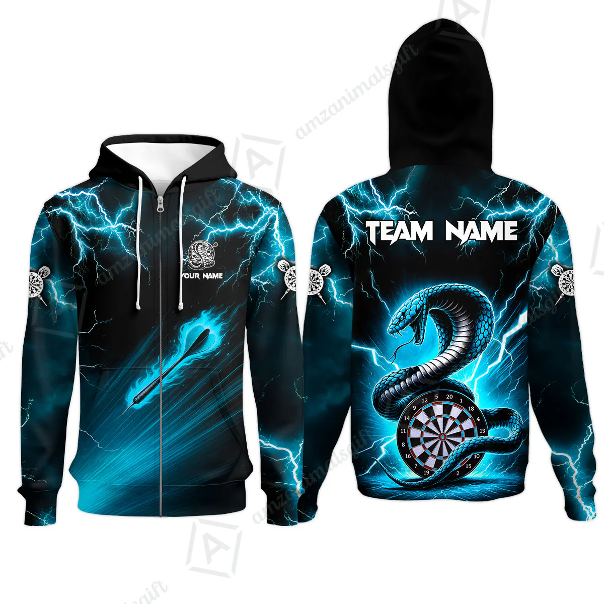 Customized Darts Zip Hoodie, Darts Thunder Lightning Cobra Snake Multicolor Zip Hoodie For Darts Player - Image 2