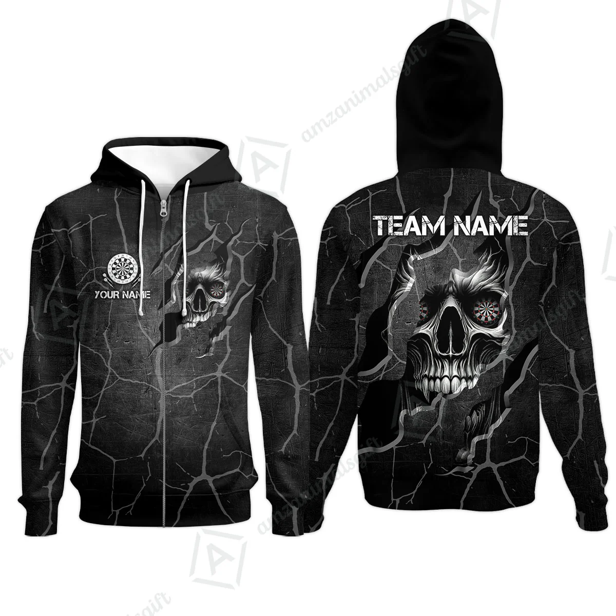 Customized Darts Zip Hoodie, Torn-Up Skull Dartboard Eyes Darts Zip Hoodie Team Style Jersey for Darts Players
