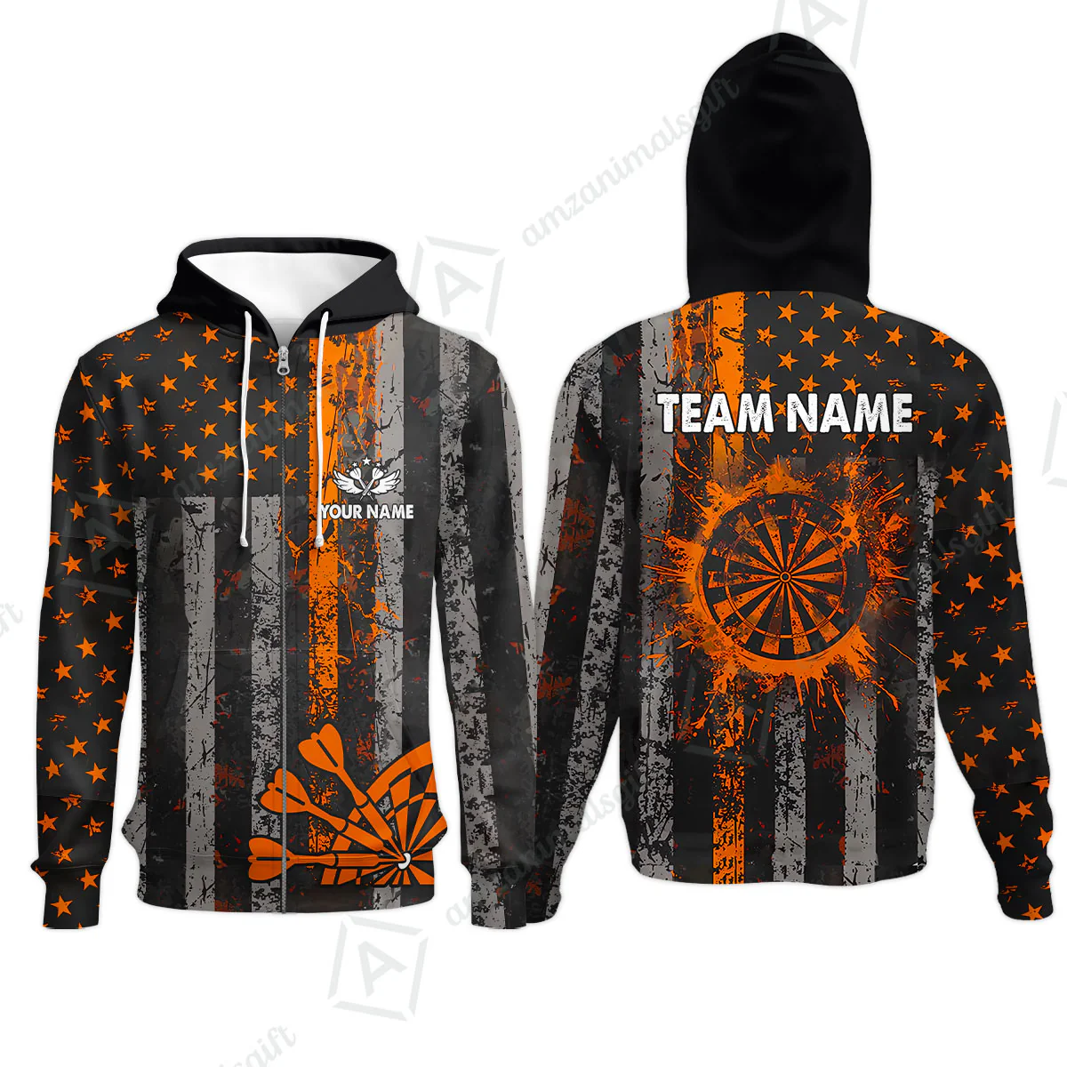 Customized Darts Zip Hoodie, Turquoise Grunge US Flag Patriotic Darts Zip Hoodie Jersey for Darts Players