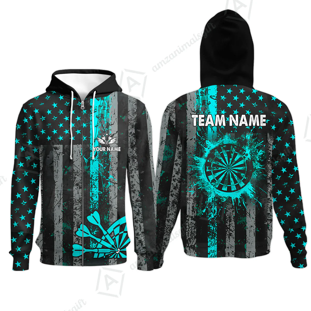 Customized Darts Zip Hoodie, Turquoise Grunge US Flag Patriotic Darts Zip Hoodie Jersey for Darts Players - Image 6