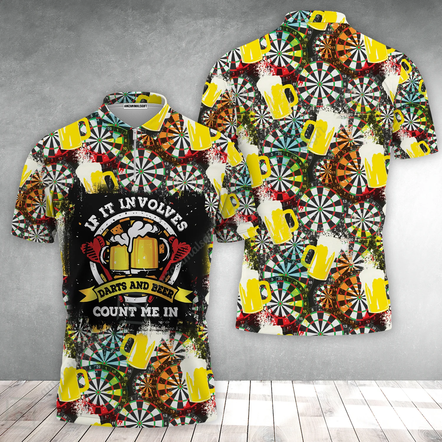 Customized Darts Zip Polo Shirt, Darts And Beer I'm Here, Personalized Name Darts Zip Polo Shirt - Image 2
