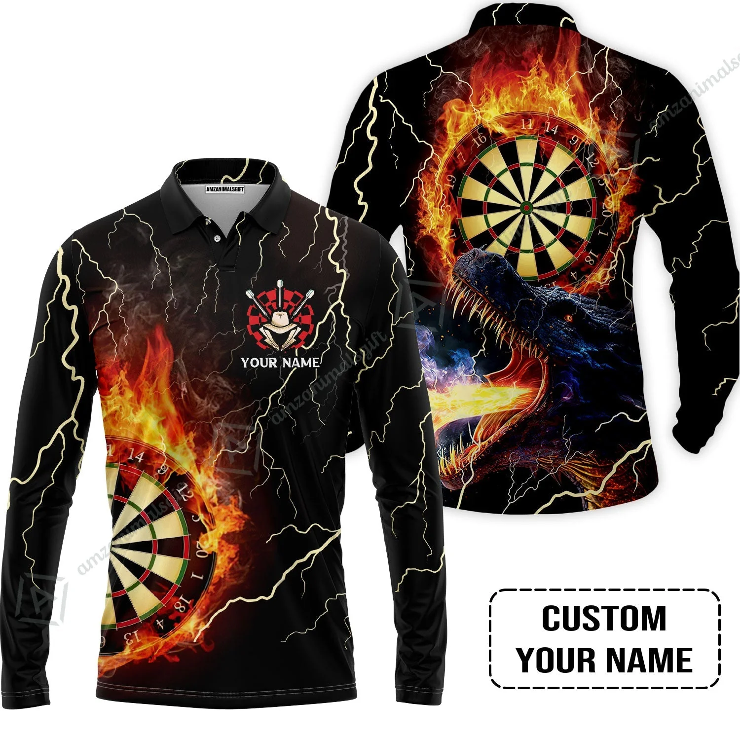 Customized Darts Zip Polo Shirt, Flame Dartboard, Personalized Name Dragon And Darts Zip Polo Shirt - Perfect Gift For Darts Lovers - Image 3