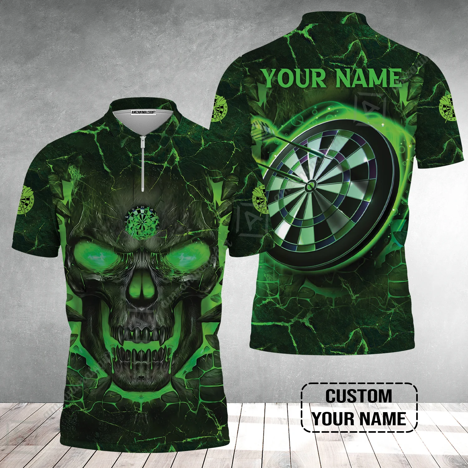 Customized Darts Zip Polo Shirt, Flame Green Skull Dartboard Personalized Skull And Darts Zip Polo Shirt - Image 2