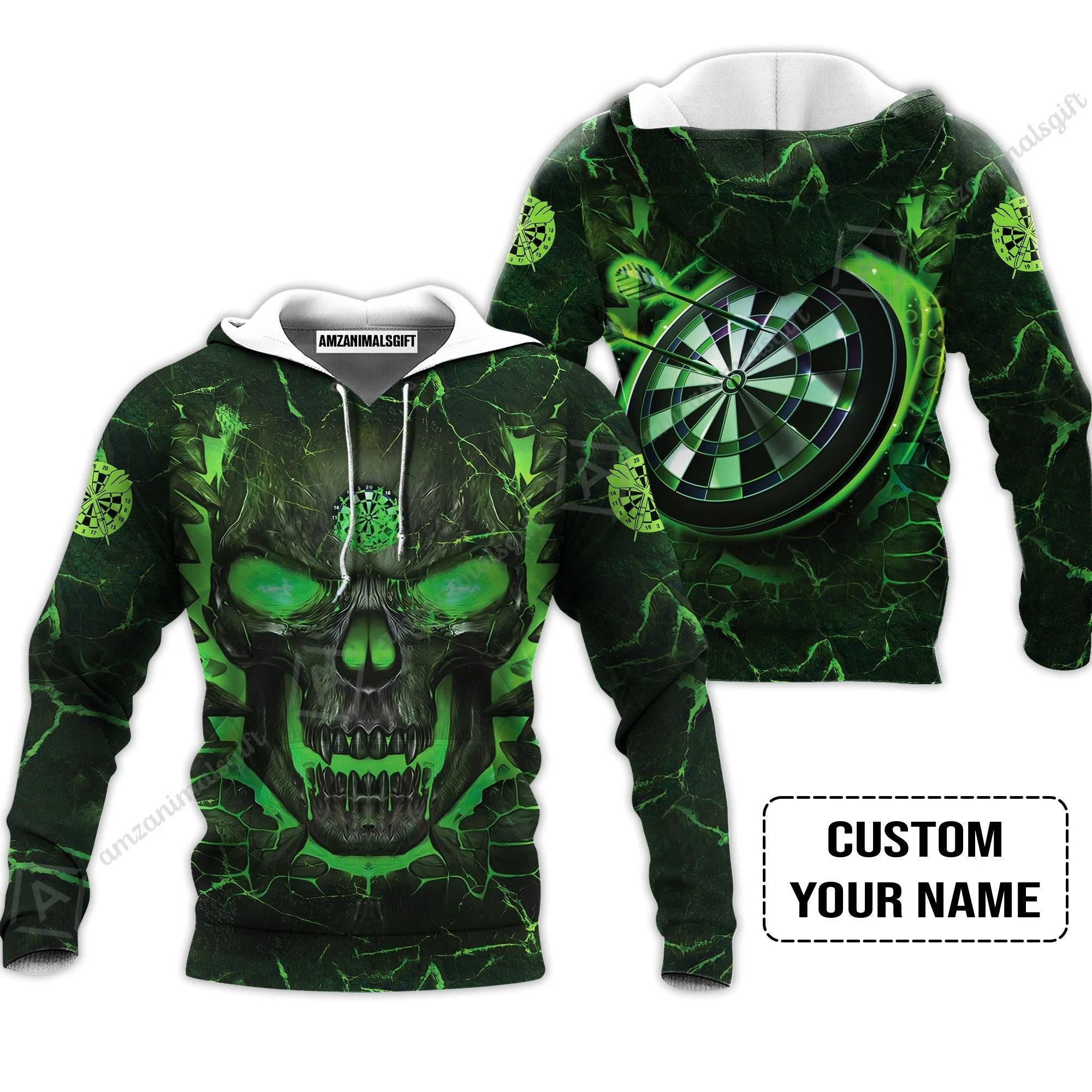 Customized Darts Zip Polo Shirt, Flame Green Skull Dartboard Personalized Skull And Darts Zip Polo Shirt - Image 5