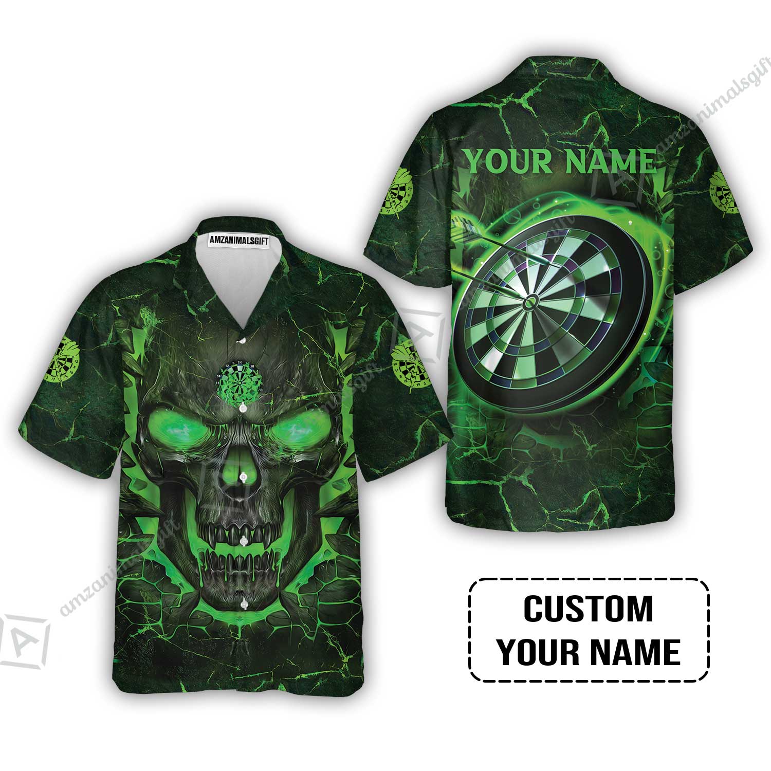 Customized Darts Zip Polo Shirt, Flame Green Skull Dartboard Personalized Skull And Darts Zip Polo Shirt - Image 7