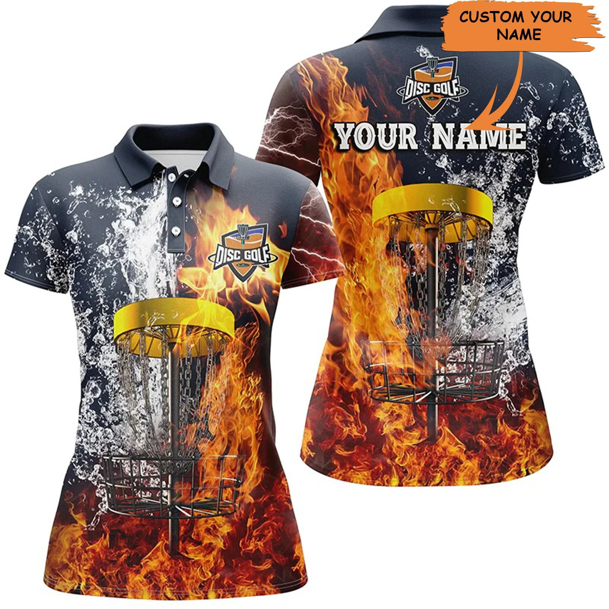 Customized Disc Golf Women Polo Shirt, Personalized Fire And Water Disc Golf Basket Polo Shirt - Perfect Gift For Ladies, Disc Golf Lovers